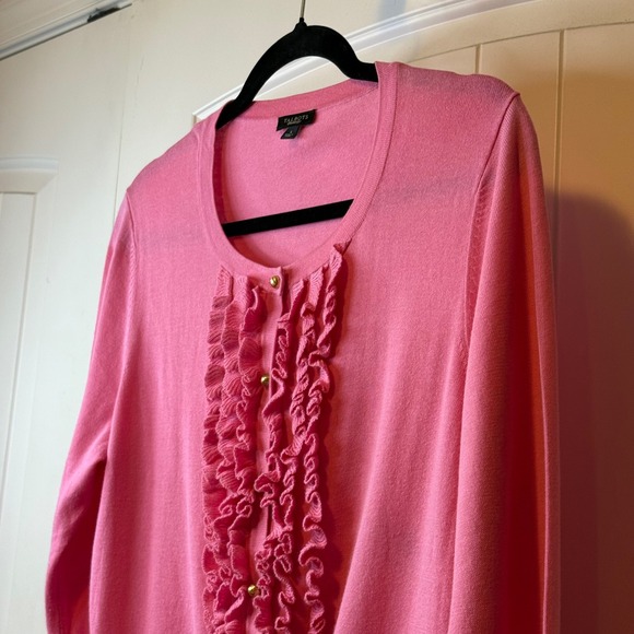 TALBOTS New Pink Ruffle Front Cardigan Sweater 3/4 Sleeve Gold Button Sz L # - Picture 6 of 12